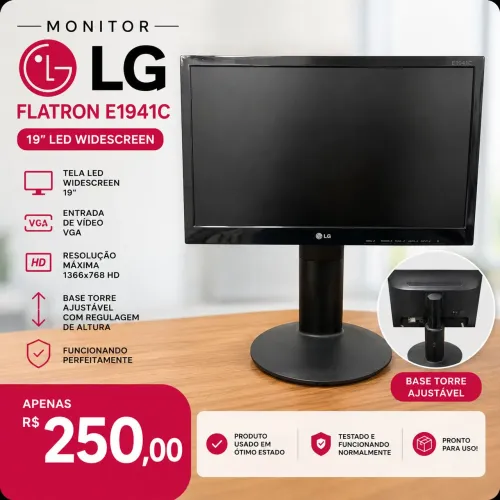 Monitor LG Flatron 19° LED E1941C com Base Ajustável - Funcionando