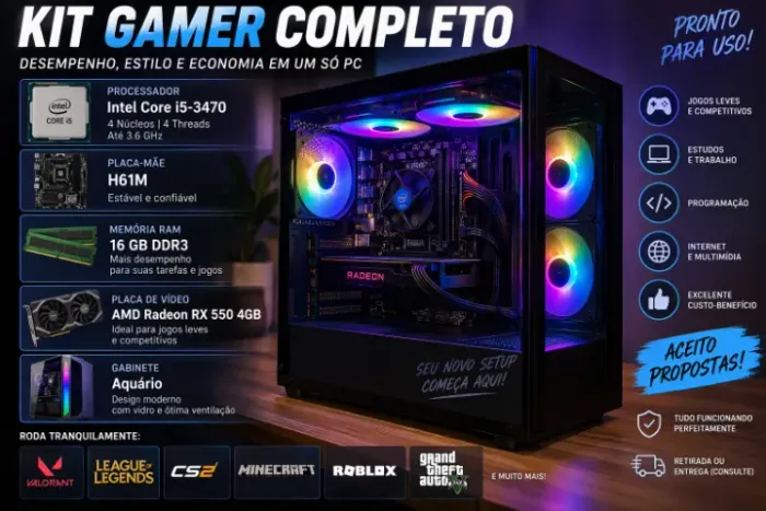 ? PC Gamer Completo i5 + 16GB RAM + MSI RX 550 4GB + Gabinete Aquário