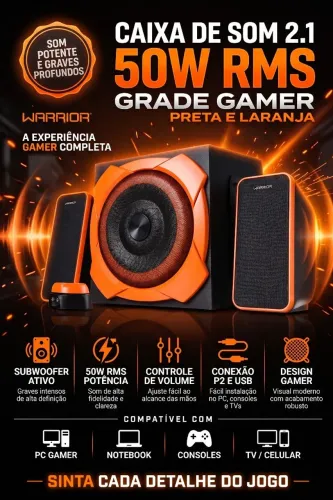 Caixa De Som 2.1 50w Rms Grade Gamer Preta E Laranja