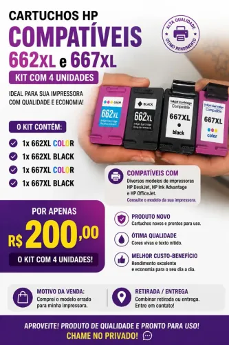  Cartuchos HP Compatíveis 662XL e 667XL - Kit com 4 unidades 