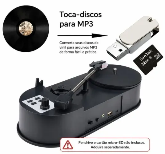 Toca-discos LP (33 / 45 RPM) portátil c/ alto-falante (funciona via USB ou a pilhas)