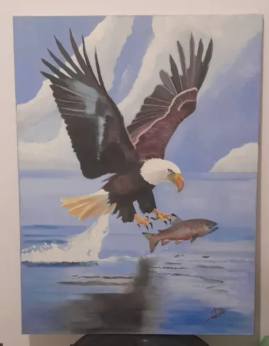 Pintura de aguia caçando o peixe