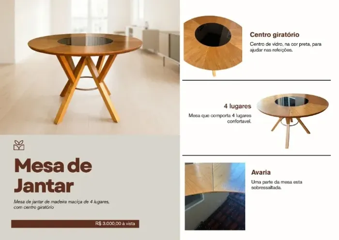 Mesa de jantar redonda de 4 lugares de madeira maciça