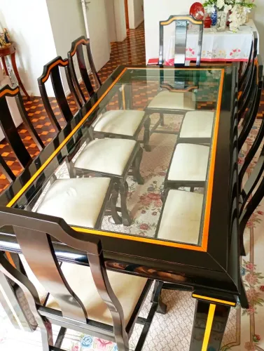Mesa de Jantar Alto Padrão em Madeira + Travertino | 8 Cadeiras + Vidro