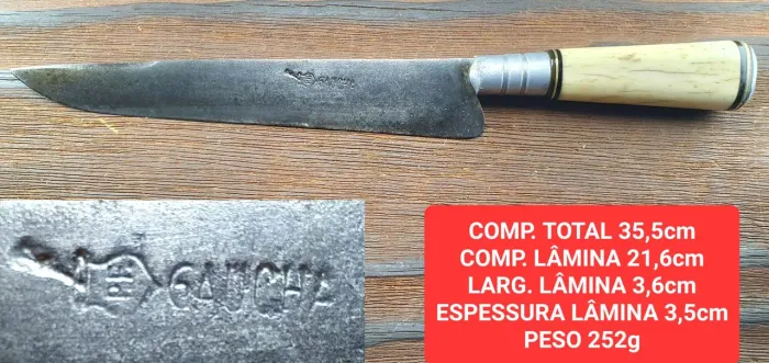 Faca artesanal GAÚCHA- lâmina 21,6cm, 3,5cm de espessura - Peso 252g