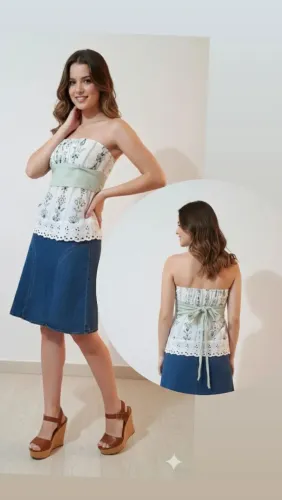 Conjunto saia jeans com tomara que caia tam 38