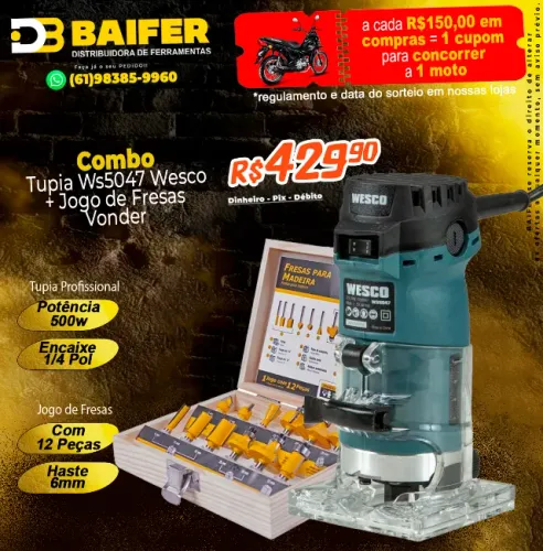 Combo Tupia 500w Wesco + Jogo de Fresas 12 Peças Vonder