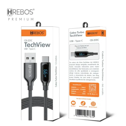 Cabo Turbo TechView 66W HREBOS - USB-C para Android - 1,2 Metros