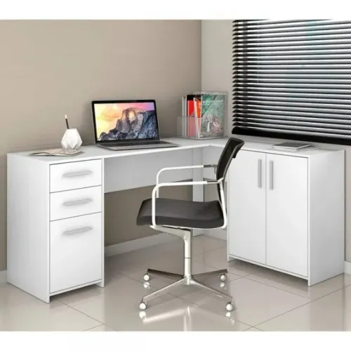 "Produtividade com Estilo: Mesa Office Escrivaninha em L com 2 Portas e 3 Gavetas"