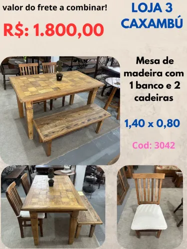 Mesa de Madeira com banco e 2 cadeiras
