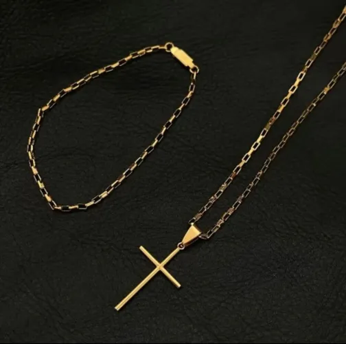 Colar masculino pingente de cruz palito banhado a ouro Aço inoxidável 18k barato