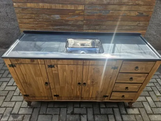 Balcão De Pia Madeira, Com Pés Luiz XV + Cuba Granitado em Inox + Funda