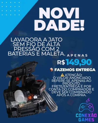 Lavadora a Jato Sem Fio Alta Pressão com 2 Baterias + Maleta