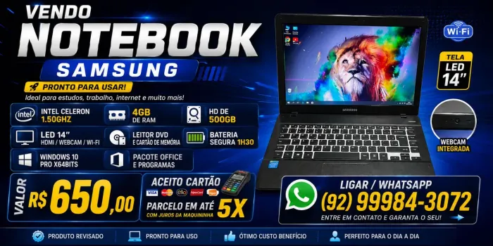 Vendo Notebook Samsung Ótimo pra estudos/ Home office/ escritório/ Lojas / Delivery.