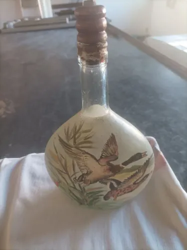 Garrafa vidro antiga pintada a mão 