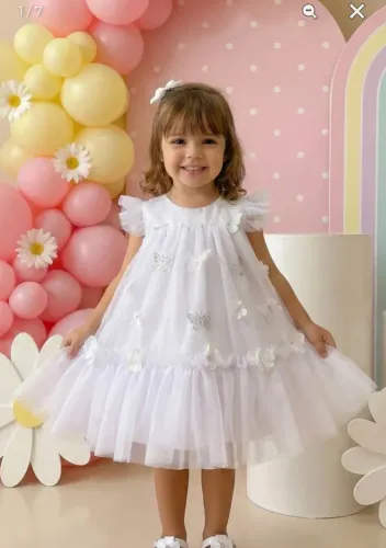 Vestido Infantil Branco Borboletas 3D Batizado Mesversario 1 ao 4 Anos - 5 Dias