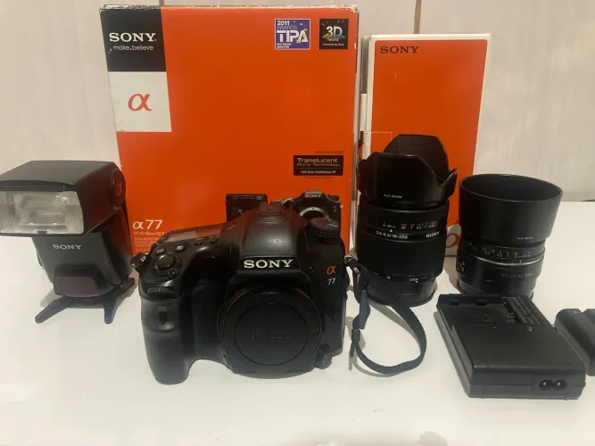 Kit Sony A77v + 35mm f1.8 + 18-250mm+ flash + gravador