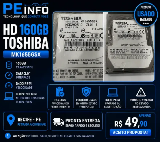 HD 160GB Toshiba Notebook SATA 2.5 Usado Funcionando