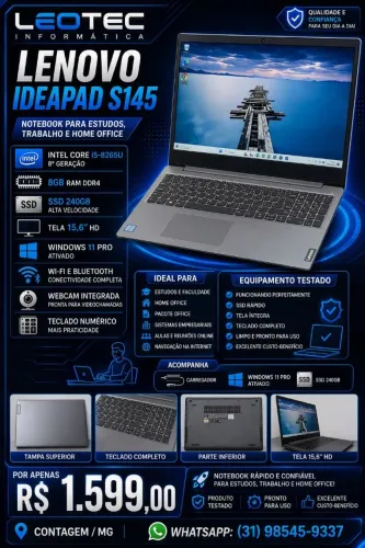 Notebook Lenovo IdeaPad S145 | i5 8ª Geração | 8GB RAM | SSD 240GB | Windows 11 Pro