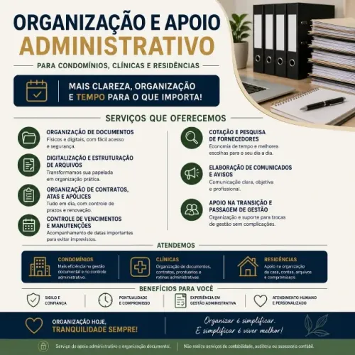 Administrativo para residências, condomínios, pequenas empresas. Organização de documentos