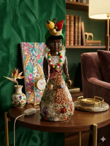 Abajur luminária antiga com detalhes de pedras na saia sendo uma boneca baiana