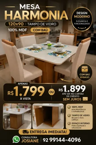 mesa de 4 lugares tampo de vidro com baú
