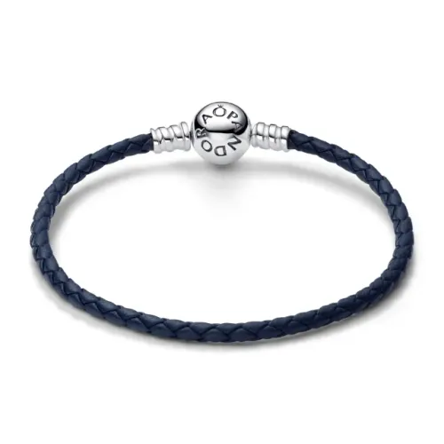Bracelete de Couro Azul e Fecho Redondo Prata