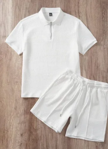 Conjunto Casual de Verão Masculino com Camisa Polo Texturizada Masculino, Casual Elegante 