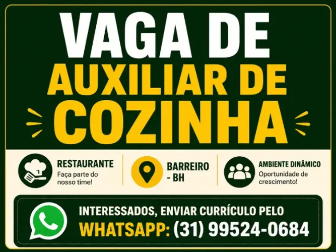 Auxiliar de Cozinha - Vaga de Emprego - CLT - Restaurante - Barreiro - BH