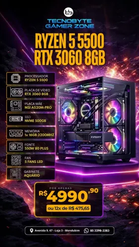 PC Gamer Ryzen 5 5500/ RTX 3060/ 16GB Ram/ NVME 500GB/Gabinete Aquário com 5 Fans LED