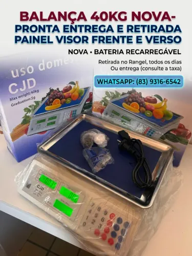 Balança nova, com painel digital frente e verso e bateria recarregável.