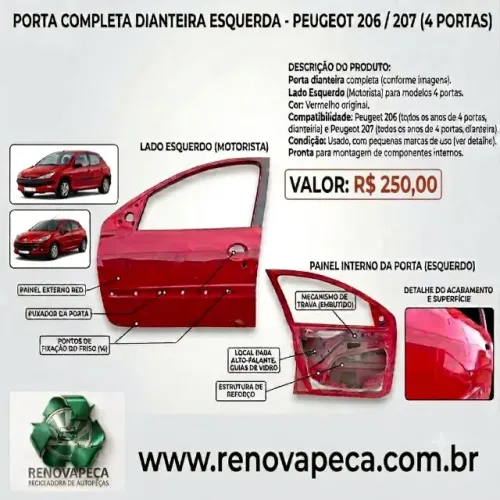 Porta Peugeot 206 / 207 Dianteira Esquerda ( 98301 )
