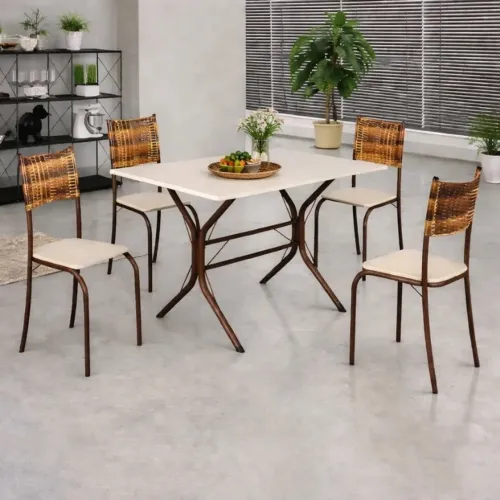 Mesa de Cozinha Tampo Off Pedra 100x60 4 Cadeiras Assento Creme rf554