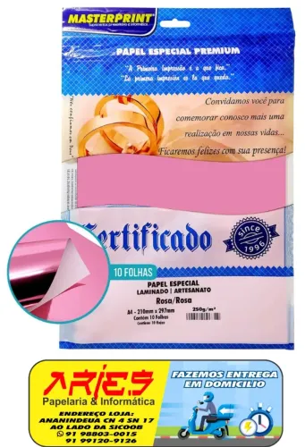 PAPEL ESPECIAL ARTESANATO LAMINADO LAMICOTE ROSA 250G MASTERPRINT A4 10 FOLHAS