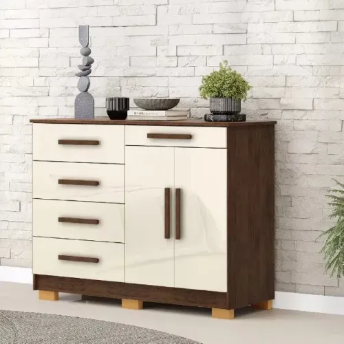 CÔMODA - 5 Gavetas + 2 Portas - Amplo Espaço Interno - 122cm Larg x 96,5cm Alt x 47cm prof