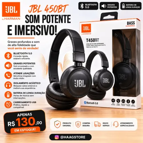 JBL T450BT Bluetooth 5.0 Original | Pure Bass | 20h Bateria | Sem Fio | Graves Potentes