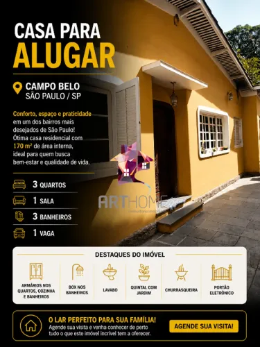 Casa para Aluguel no Campo Belo com 3 Quartos, Jardim e Churrasqueira (1 vaga)