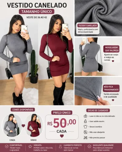 Vestido canelado manga longa