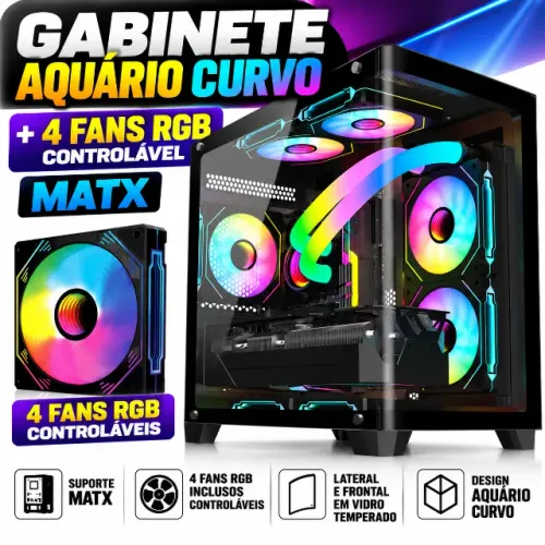 Gabinete Gamer Preto GB1798 com 4 fans RGB Vidro Curvo M-Atx