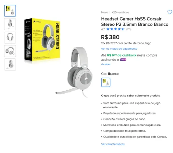 Headset Gamer Hs55 Corsair Stereo P2 3.5mm Branco Branco