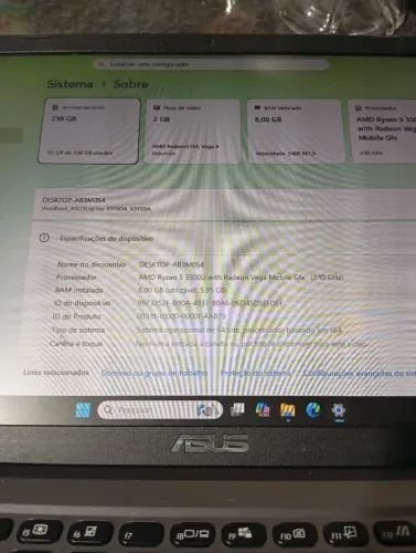 Notebook Asus Ryzen 5 3500u/Memória Ram 8gb/SSD 256/ Parcelo até 18x no cartão /bom estado