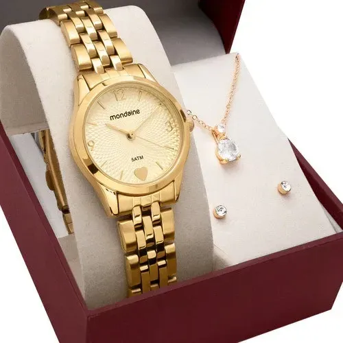 Kit Relógio Mondaine Feminino com Colar e Brincos 32795LPMKDE1K1 50 Metros Nota Fiscal