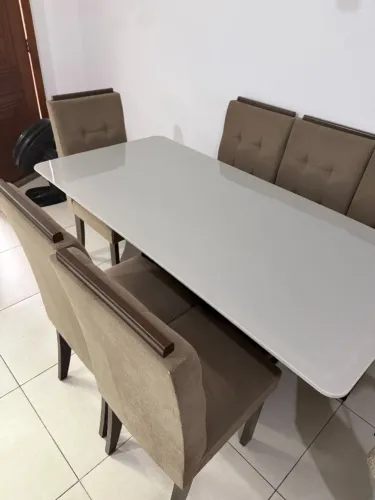 Mesa de Jantar 6 Lugares Tampo de Vidro + Cadeiras