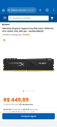 Memória RAM HyperX Fury, 8GB, 2666MHz, DDR4, CL16, Preto - HX426C16FB3/8