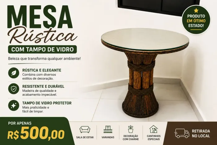 Mesa rústica com tampo de vidro, beleza que transforma qualquer ambiente.
