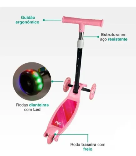 Patinete Infantil Luppy 3 Rodas LED Dobrável Rosa Maxi Toys