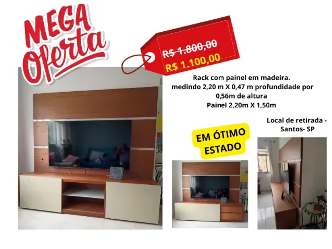 Rack com painel em madeira.