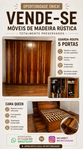 CONJUNTO - CAMA QUEEN E GUARDA-ROUPA MADEIRA