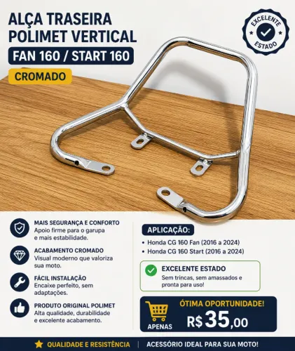 Alça Traseira Polimet Vertical Cromada CG 160 Fan / Start - Excelente Estado