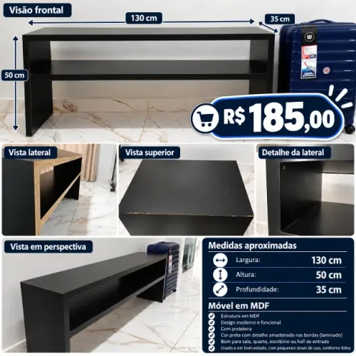 RACK / BANCADA PARA TV PRETA - MDP Tipo: Rack / bancada baixa para TV